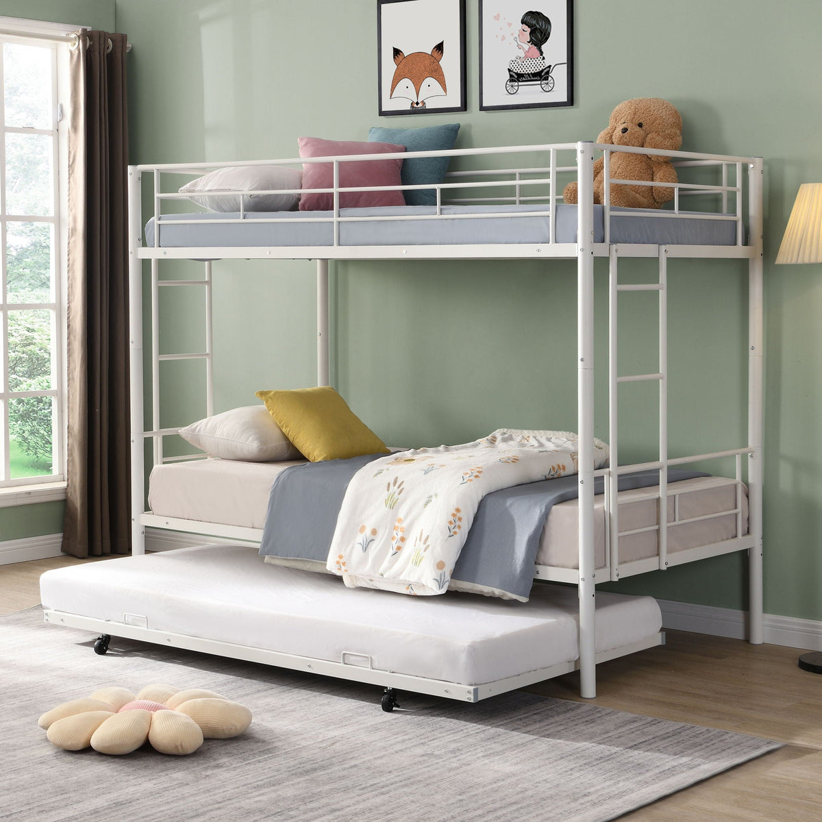 Twin Over Twin Bunk Bed with Trundle - Sturdy Metal Frame - Pearl Silver, White, or Pink