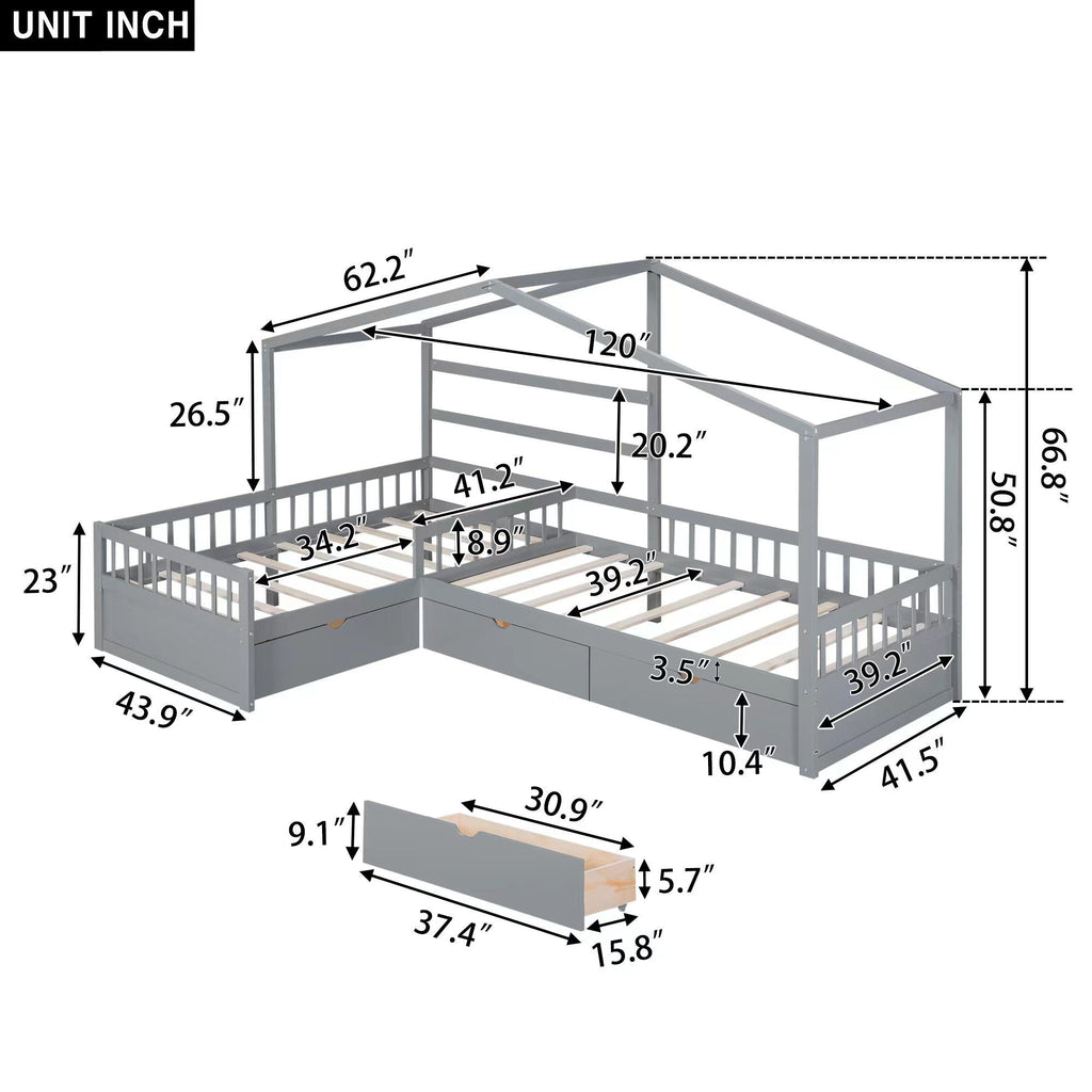 L Shape Twin Platform Bed with 3 Storage Drawers - Dark Gray or White