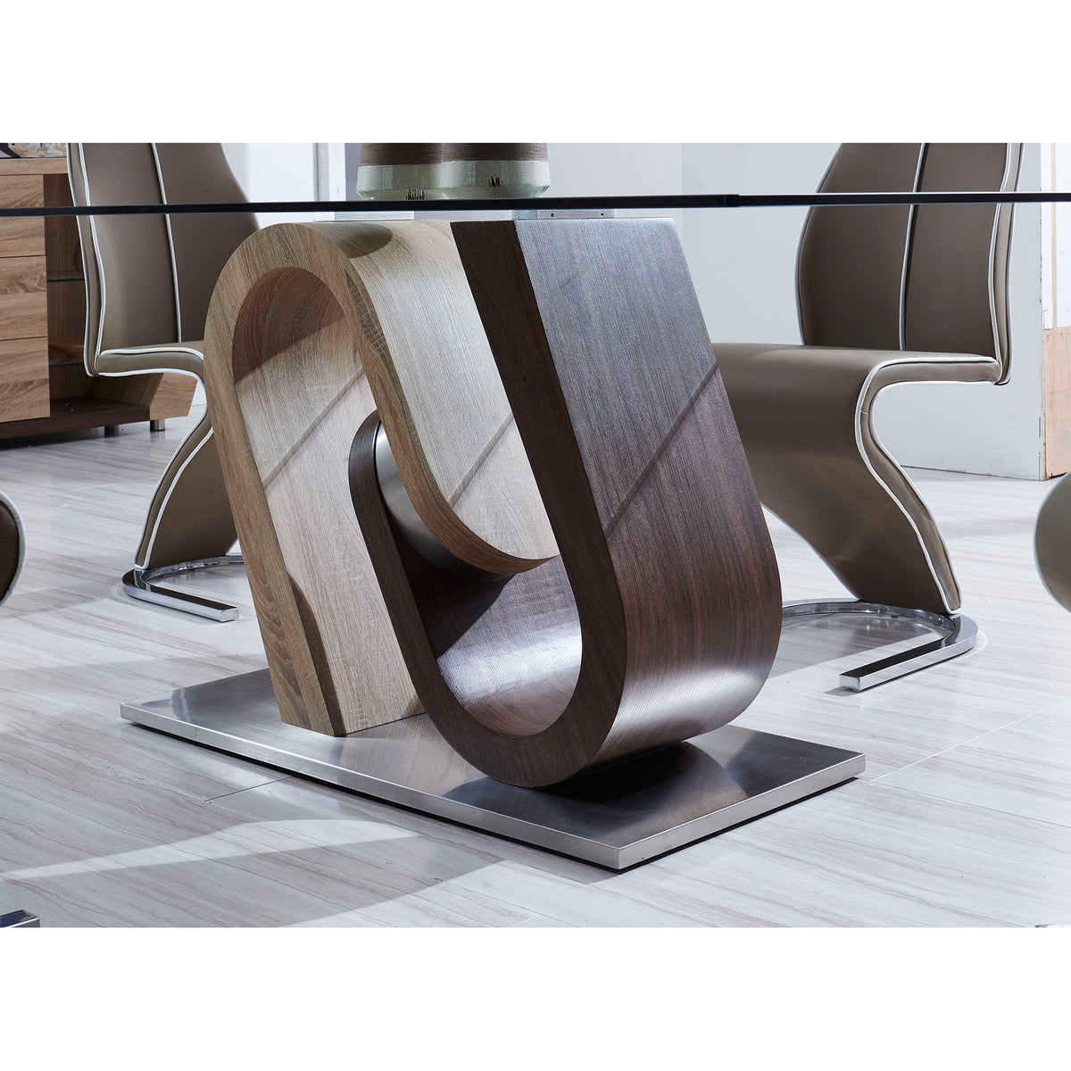 Oak & Walnut Dining Table with Stainless Steel Base - Brown / Beige