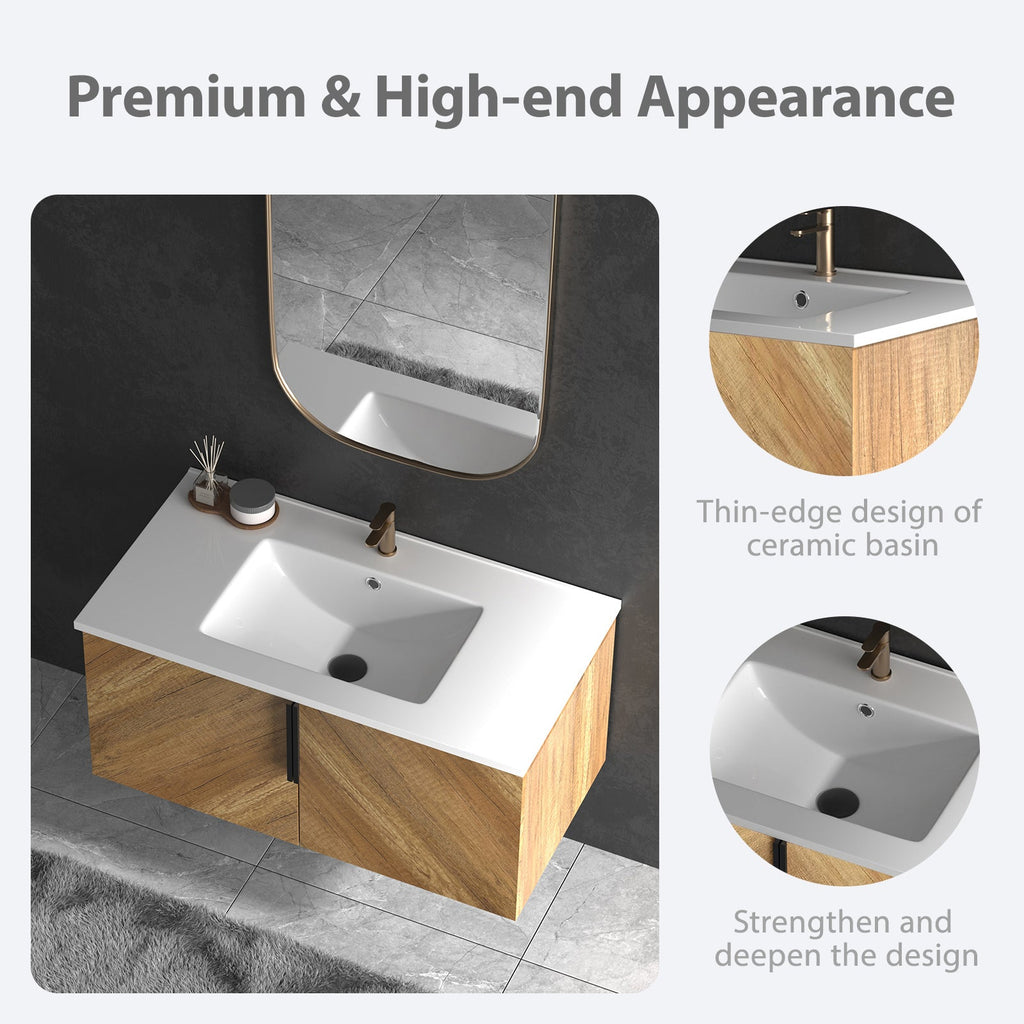 36 Inch Wall-Mounted Bathroom Vanity with 3D Fluted Panel & Ceramic Sink - Golden Oak