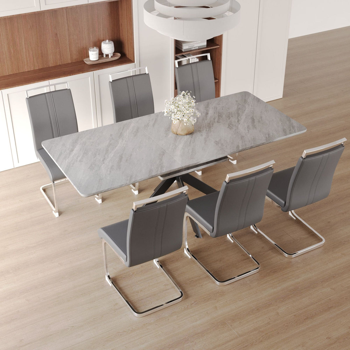 Modern Extendable Dining Table Set with Soft Padded Armless Chairs - White, Gray, or Dark Gray