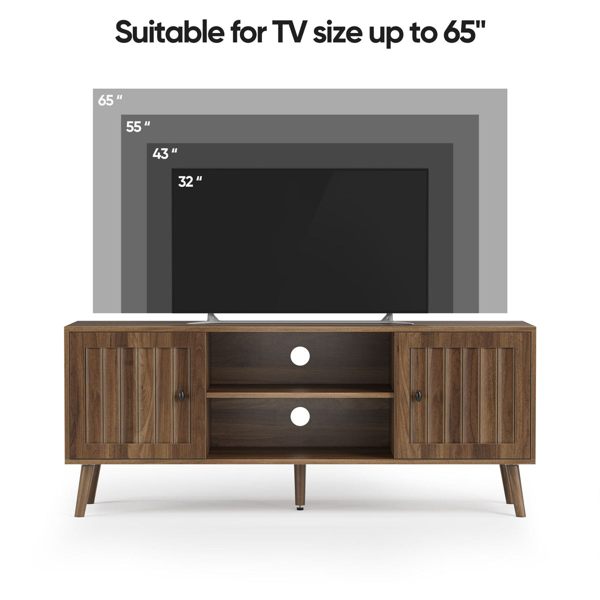 55" TV Cabinet with Vertical Groove Doors & Adjustable Shelves - Walnut