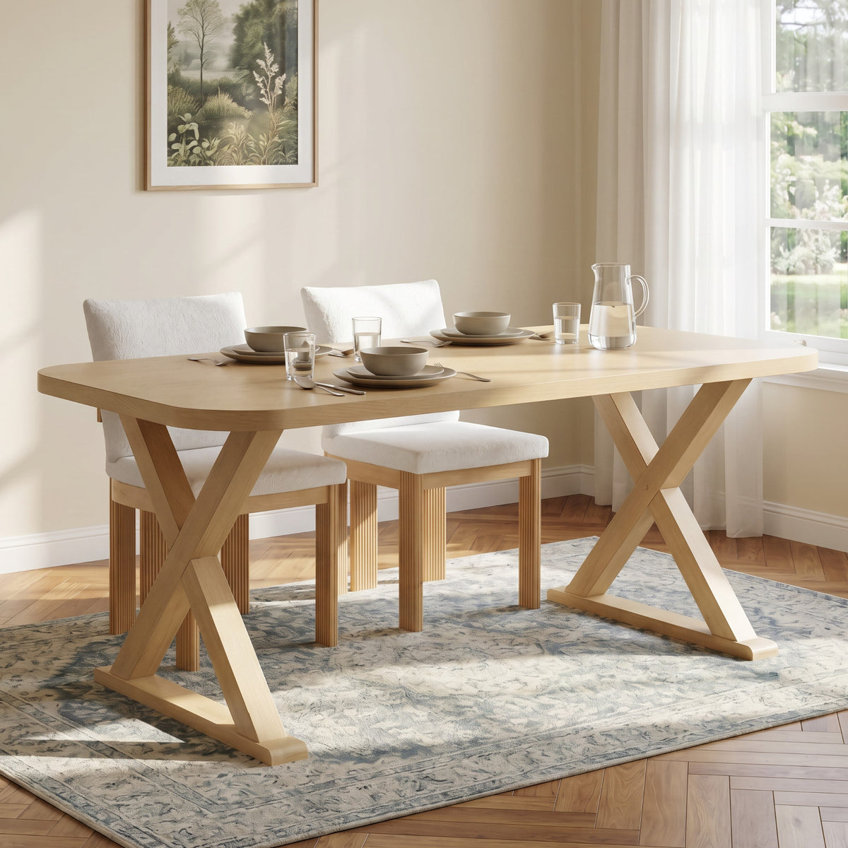 Natural Oak Veneer Dining Table with Rubber Wood Legs - Natural