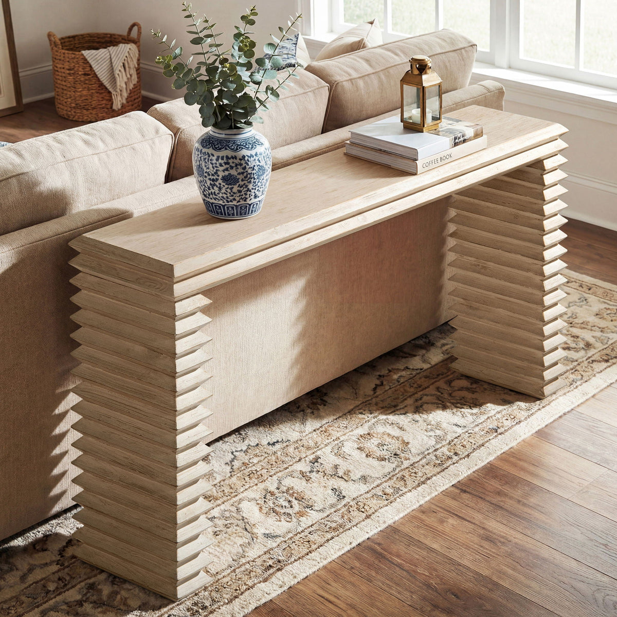 Geometric Waterfall Console Table with Solid Wood Construction - White or Light Brown