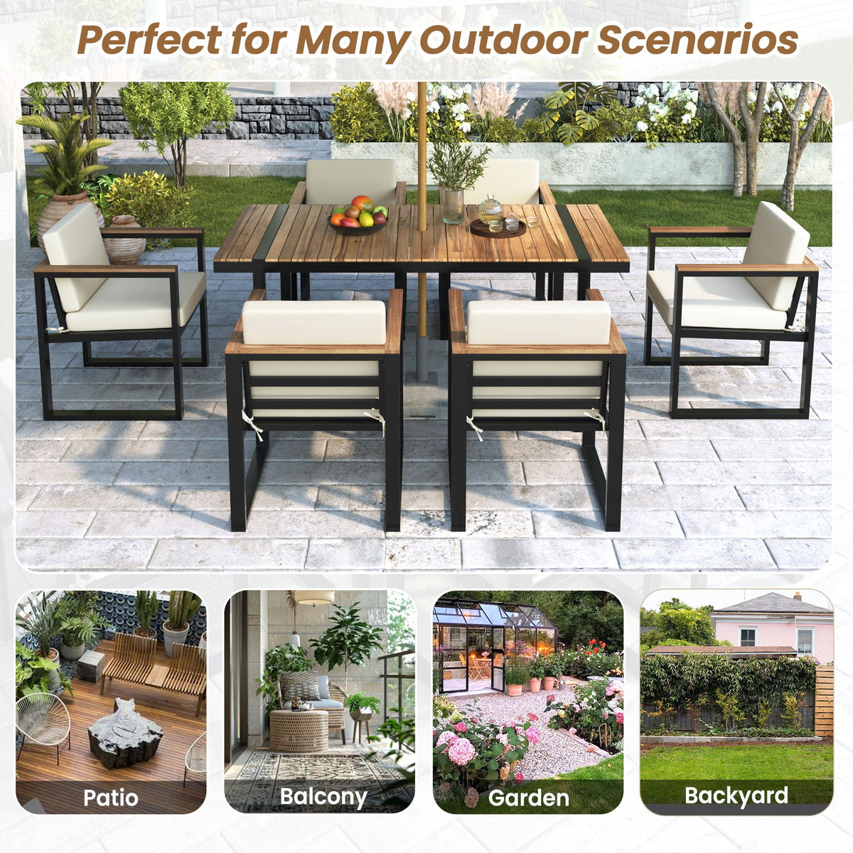 7 Piece Outdoor Dining Set with Removable Cushions - Gray or Beige
