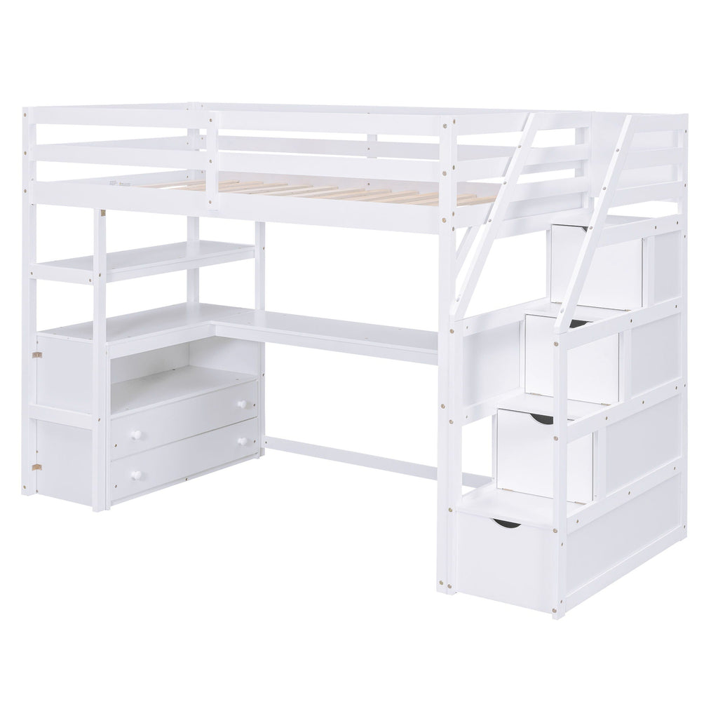 Loft Bed with Desk and Storage Staircase - Full or Twin, White or Gray