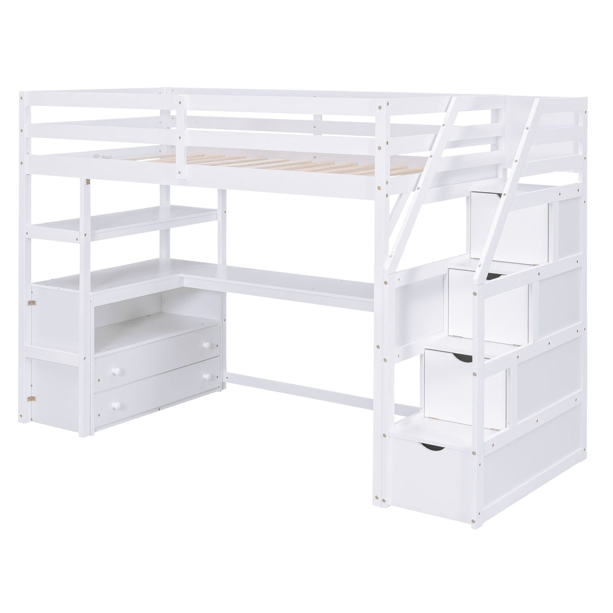 Loft Bed with Desk and Storage Staircase - Full or Twin, White or Gray
