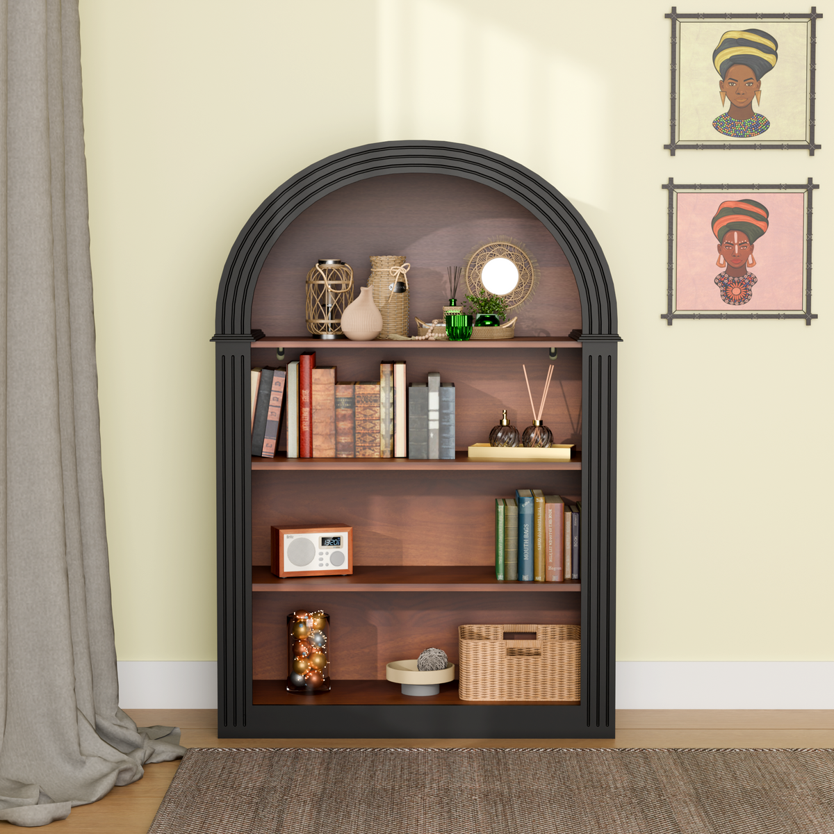 4-Shelf Tall Arched Bookcase with Sturdy MDF Construction - Brown