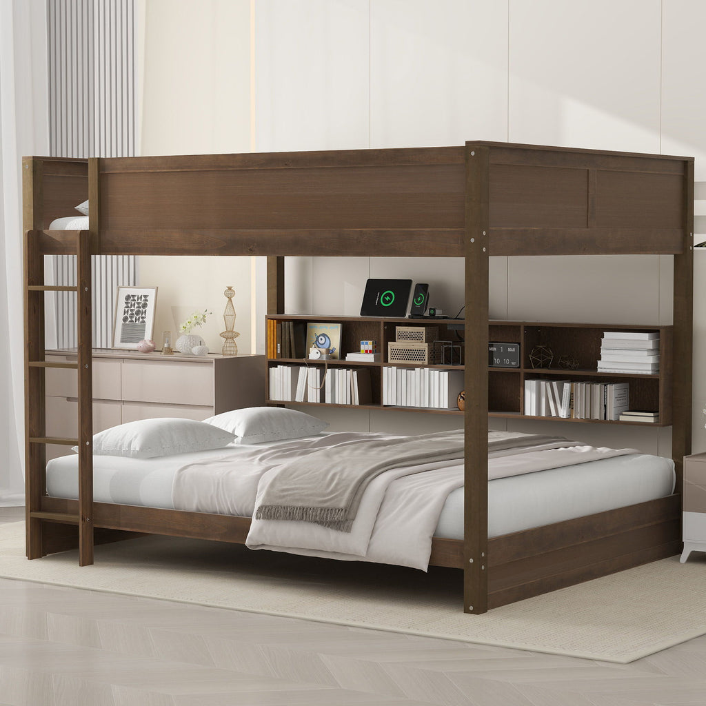 Queen Bunk Bed with Storage Cabinets and USB Ports - Dark Brown or White