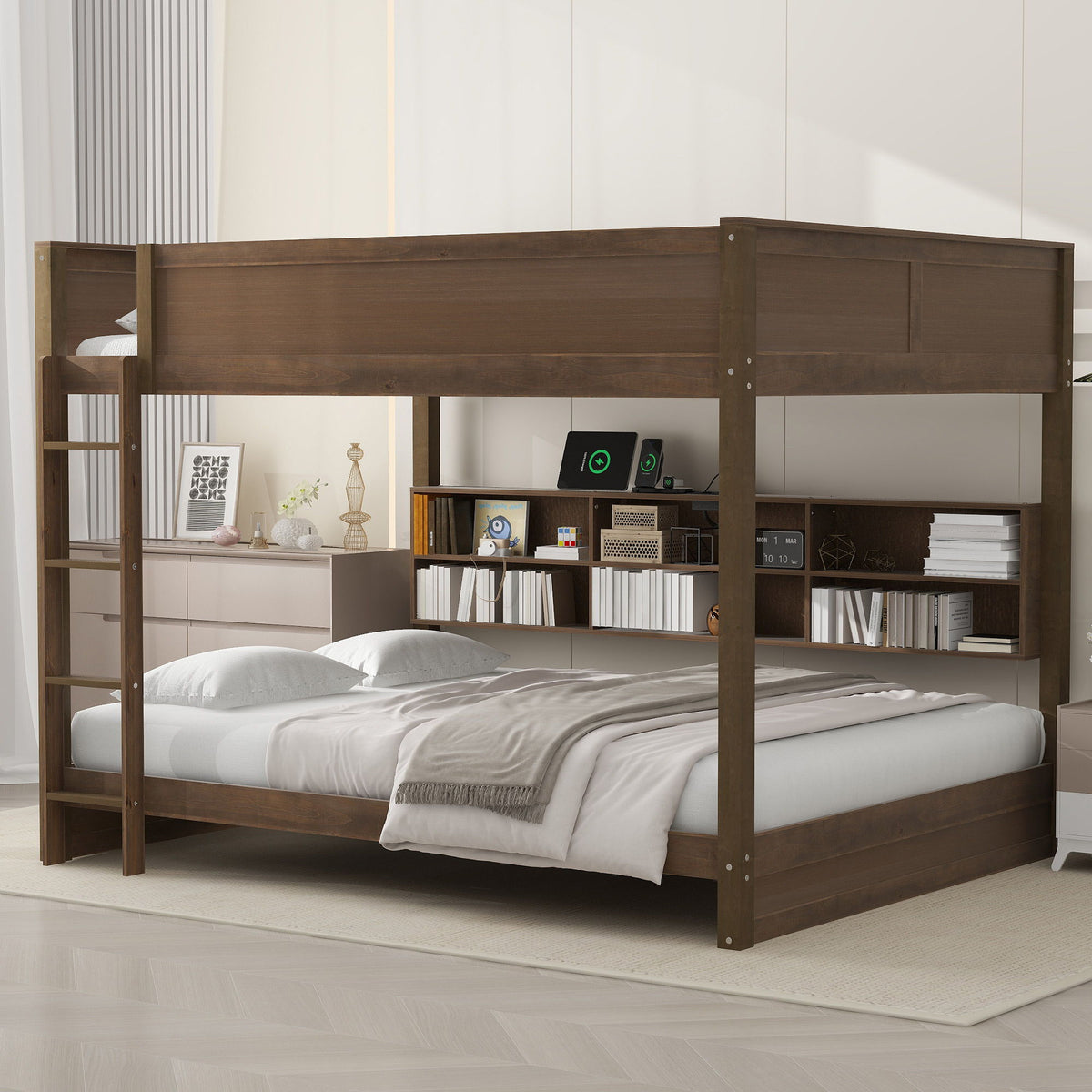 Queen Bunk Bed with Storage Cabinets and USB Ports - Dark Brown or White