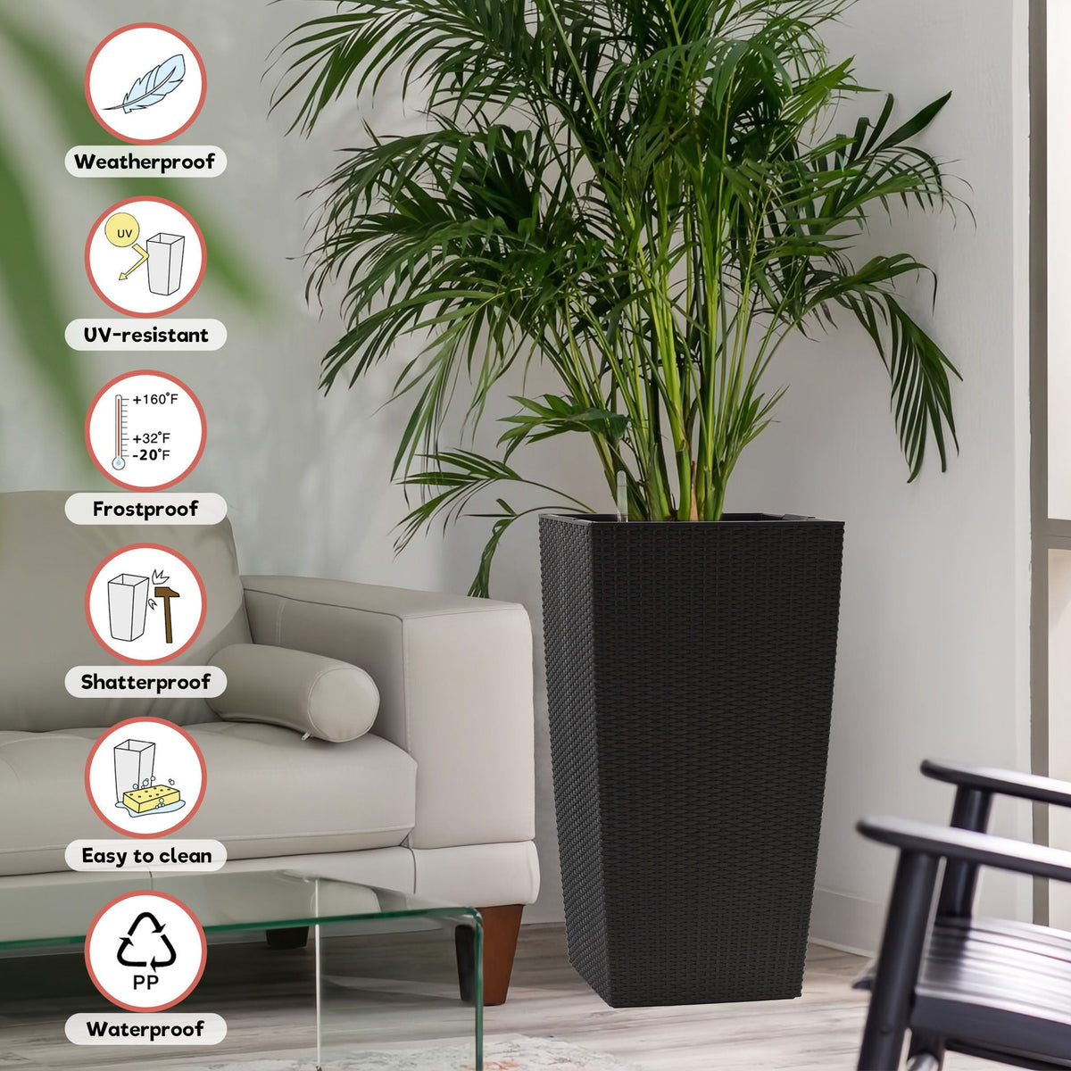 Indoor Outdoor Planter with Automatic Watering System - Dark Brown, Black, or White