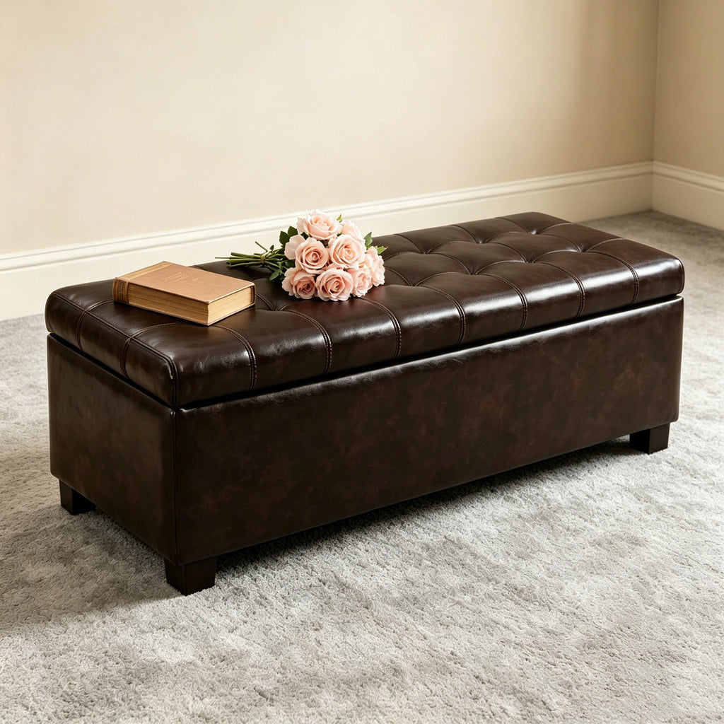Elegant Tufted Storage Ottoman Bench with Hidden Storage - Dark Brown or Light Blue