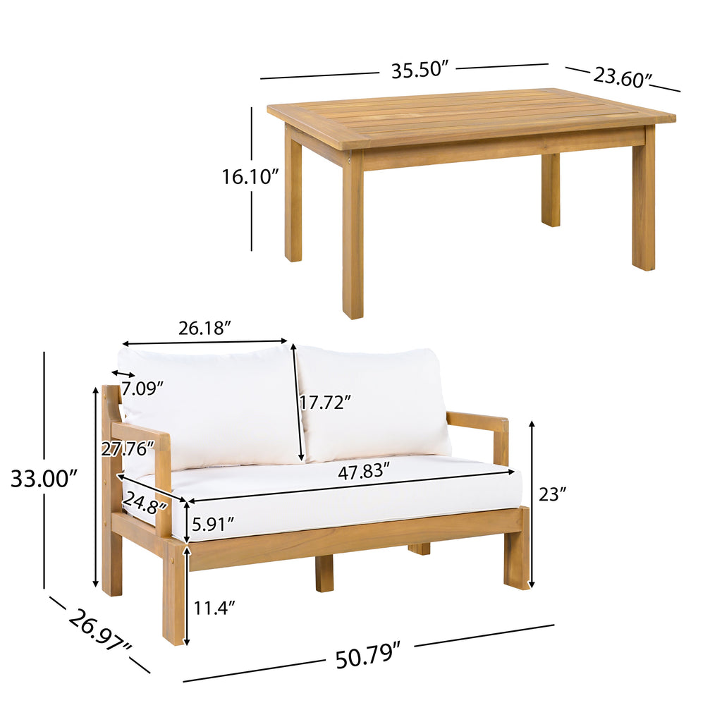 Acacia Wood Patio Chat Set with Water-Repellent Cushions - Natural Finish