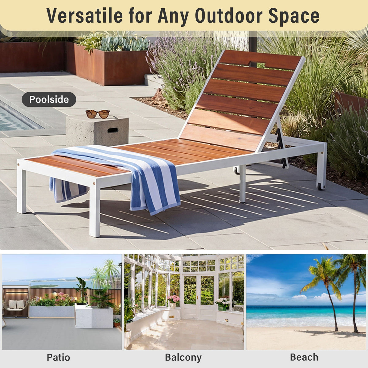 Outdoor Chaise Lounge Chair with Adjustable Backrest - Brown / White