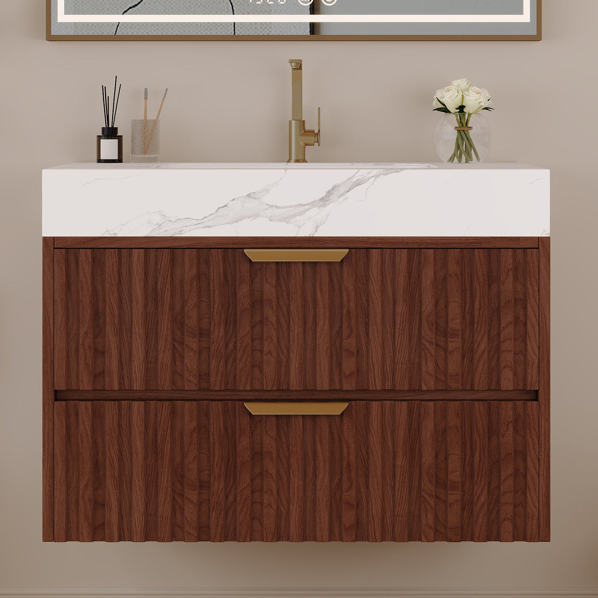 30" Modern Floating Bathroom Vanity with Seamless Sintered Stone Top - Walnut, White or Brown, Walnut