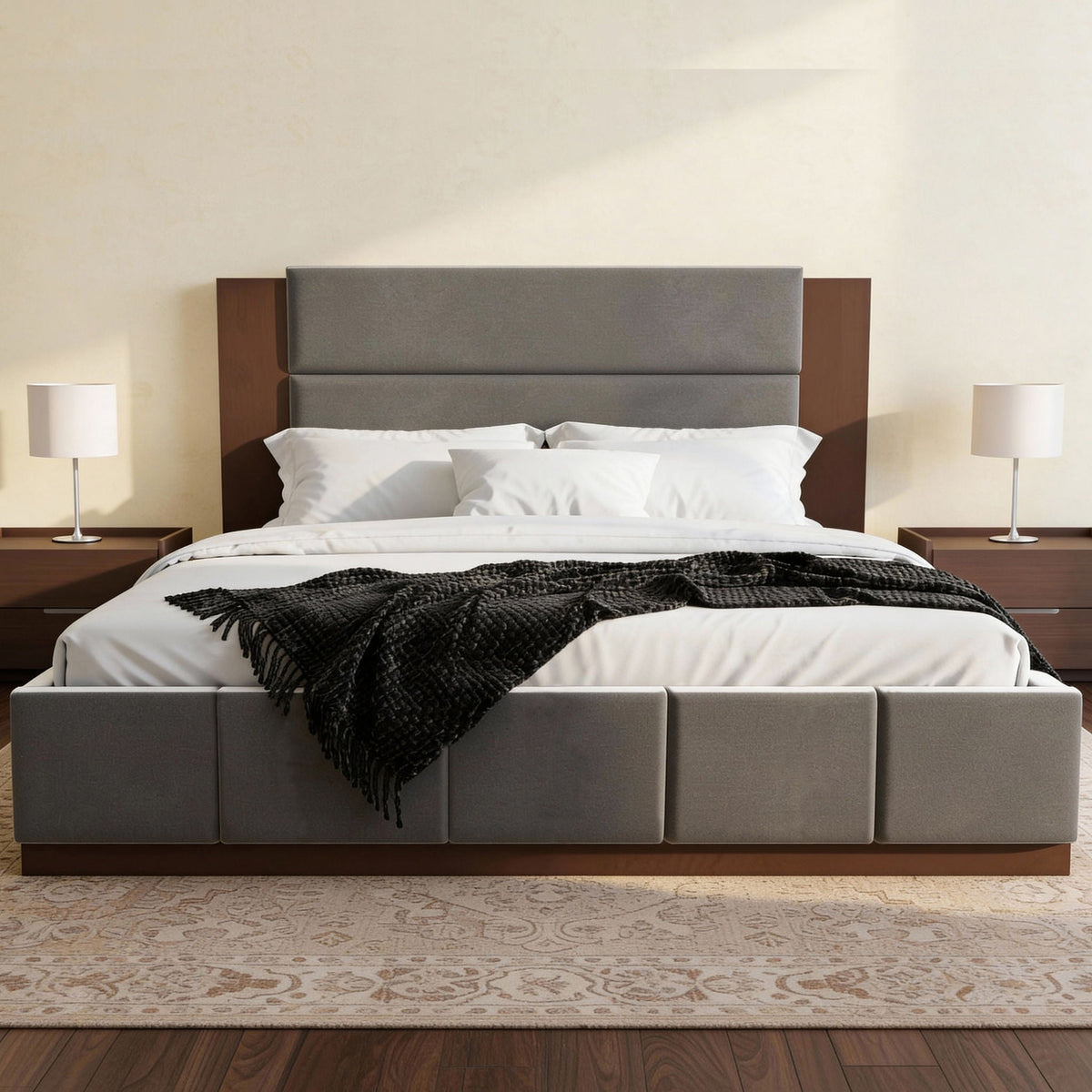 Modern Upholstered Platform Bed with Extended Headboard - Queen or King