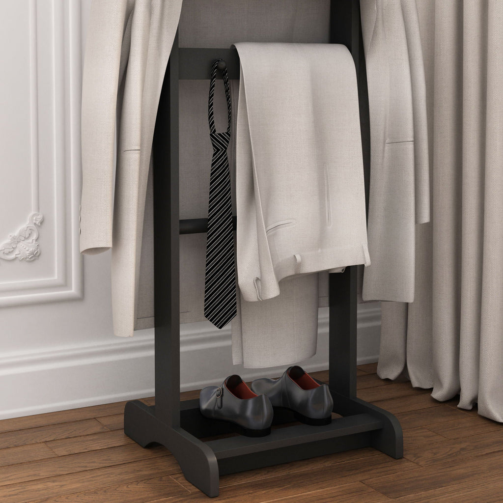Black Garment Valet Stand with Storage Organizer - Portable Clothes Rack