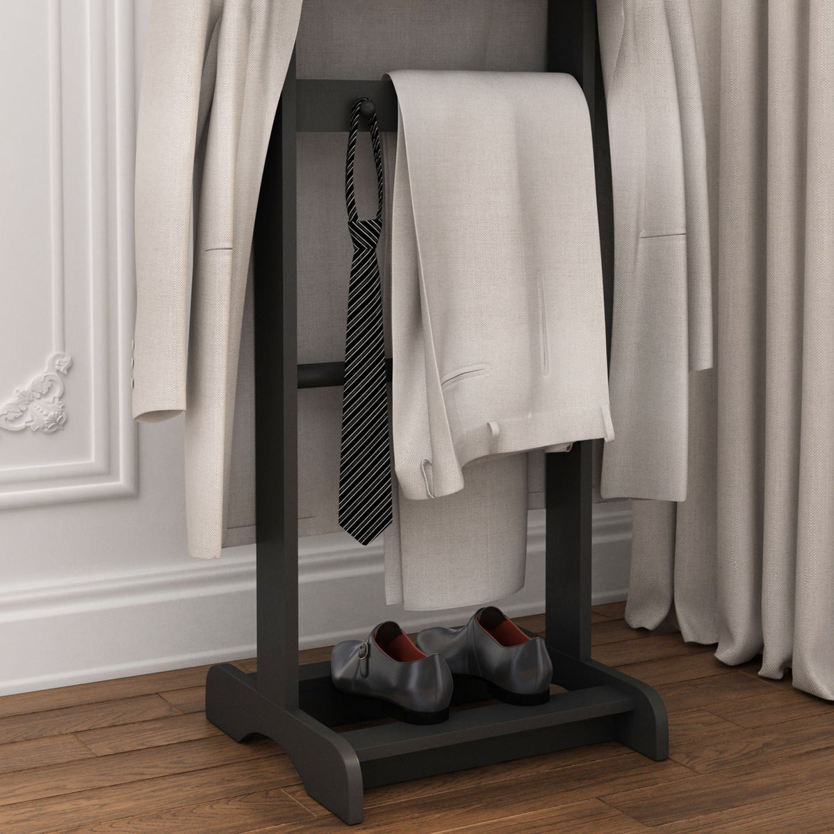 Black Garment Valet Stand with Storage Organizer - Portable Clothes Rack
