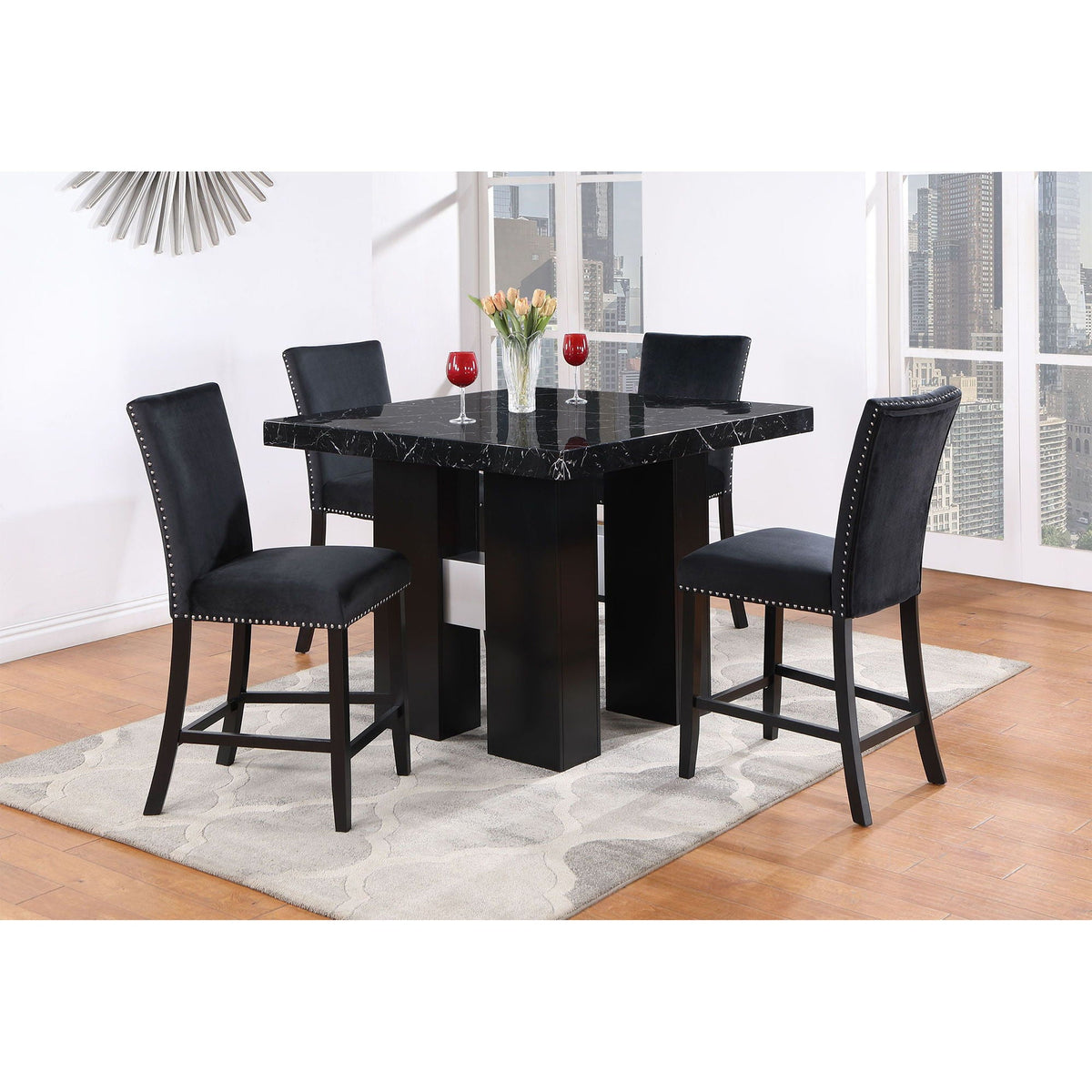 Black Bar Stool Set with Velvet Upholstery - Mikha (Set of 2)