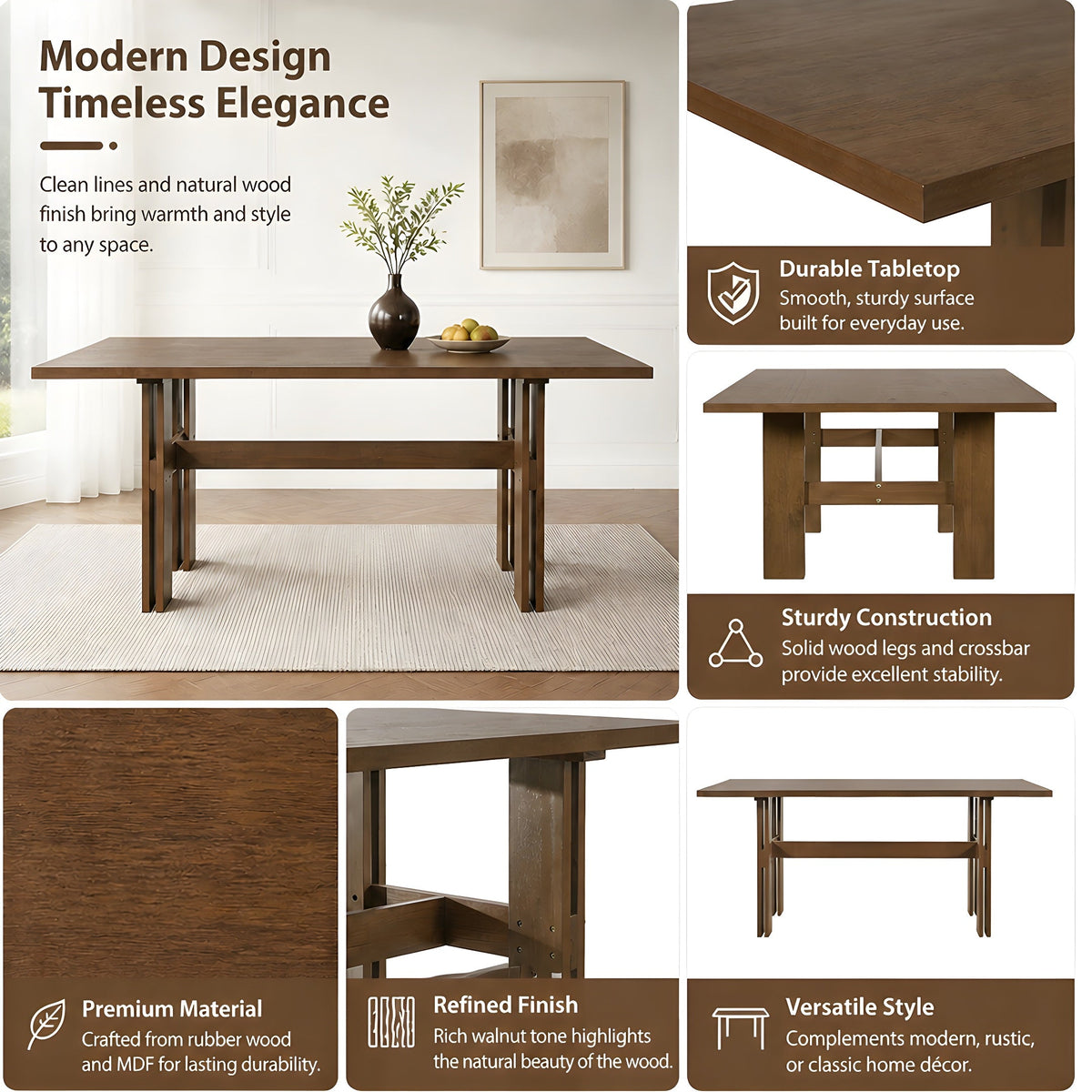 Modern Wooden Dining Table with Pedestal Base - Wood Finish