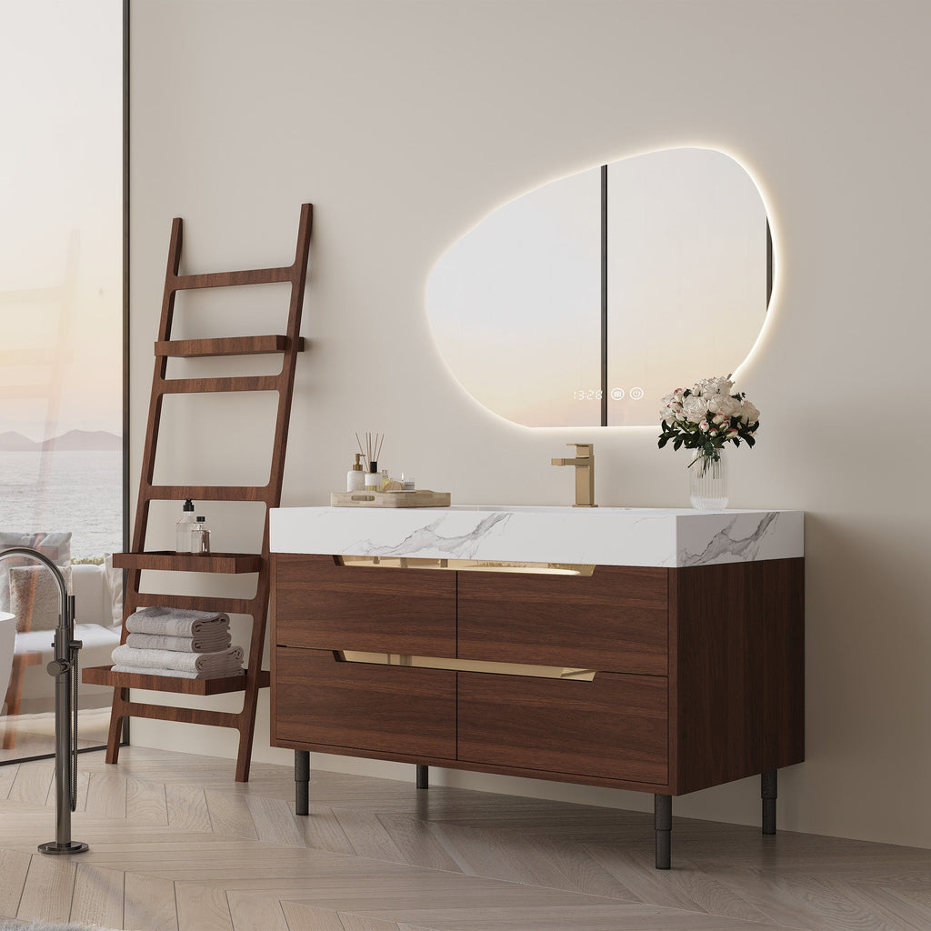 Farmhouse Sintered Stone Bathroom Vanity with Undermount Sink - Walnut, White