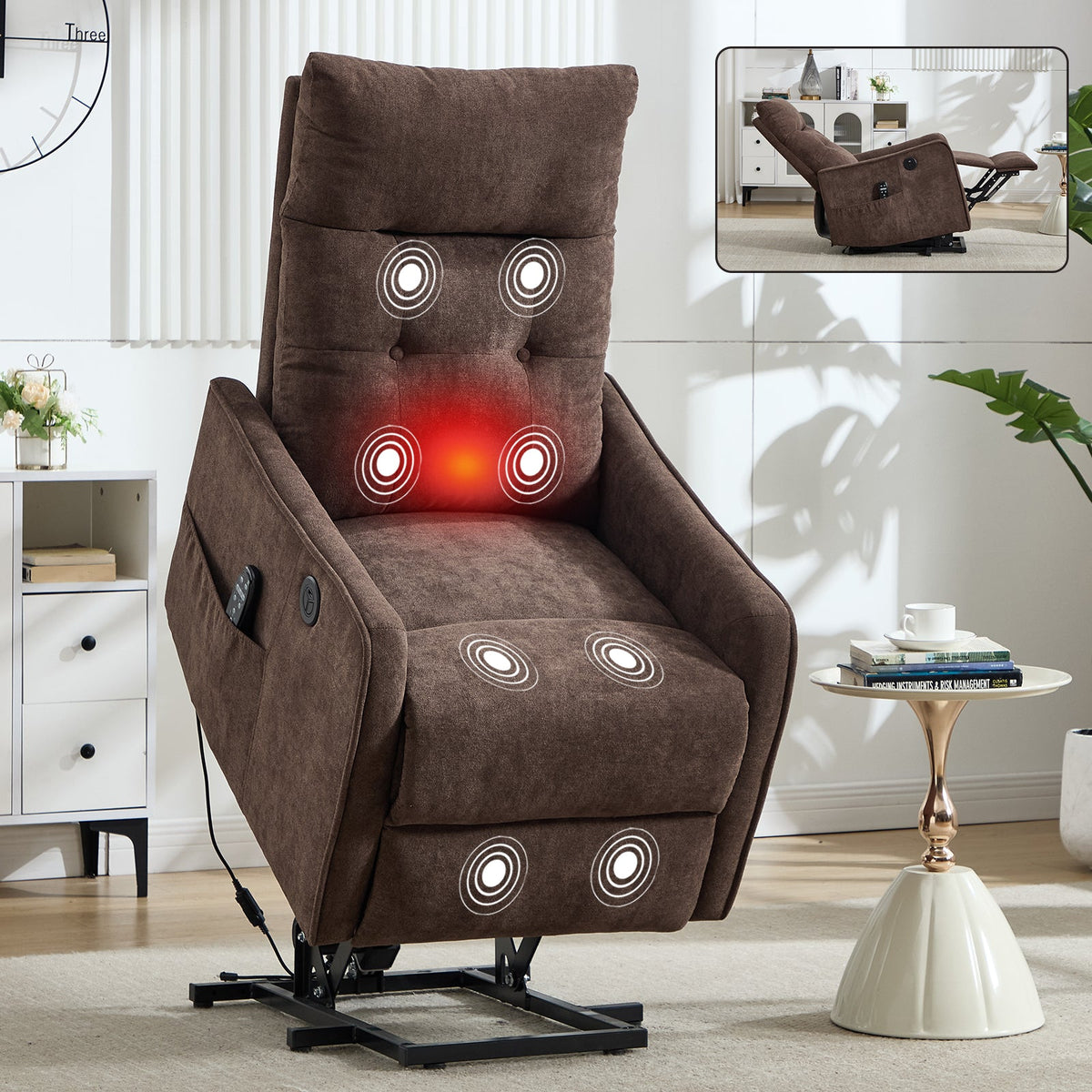 Brown Chenille Power Lift Recliner Chair