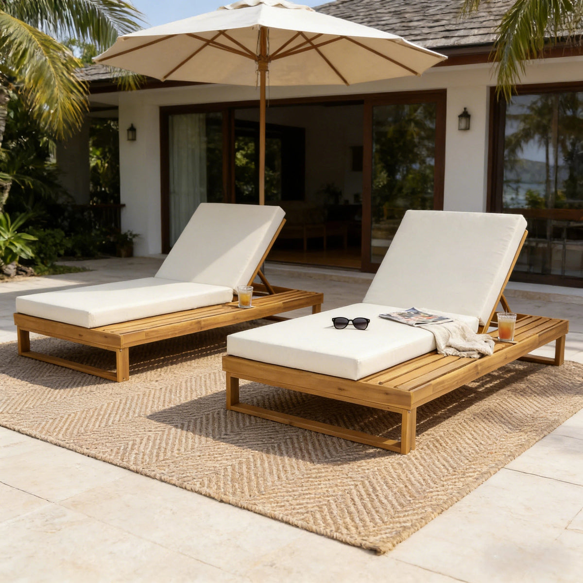 Teak Finish Acacia Wood Chaise Lounge with 4-Inch Cushion - Cream