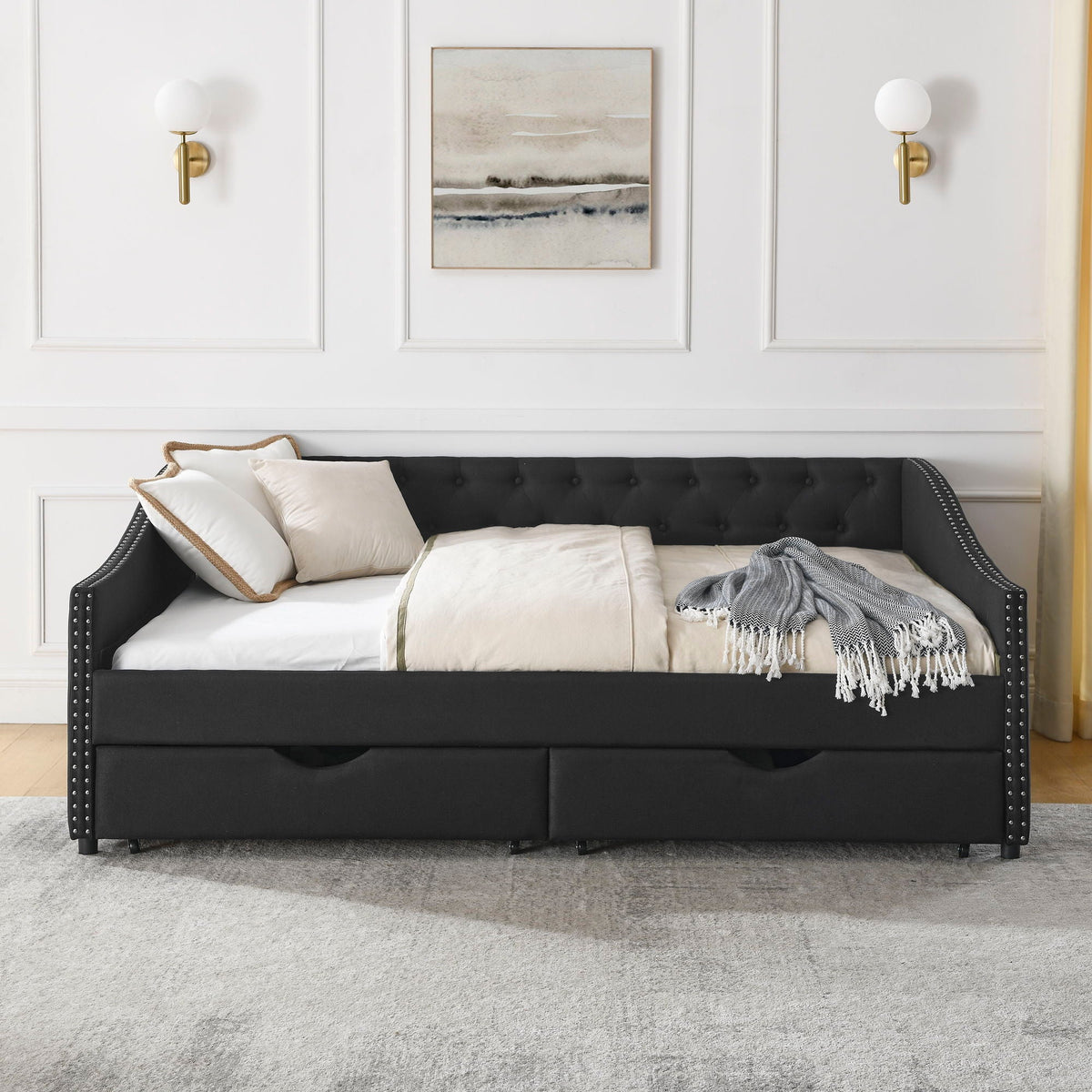 Upholstered Tufted Daybed with 2 Drawers and Waved Arms - Multiple Colors