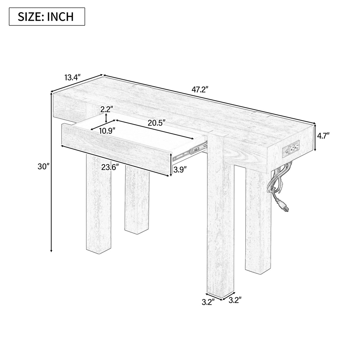 Rustic Minimalist Console Table with Hidden Drawer and Power Outlet - Brown