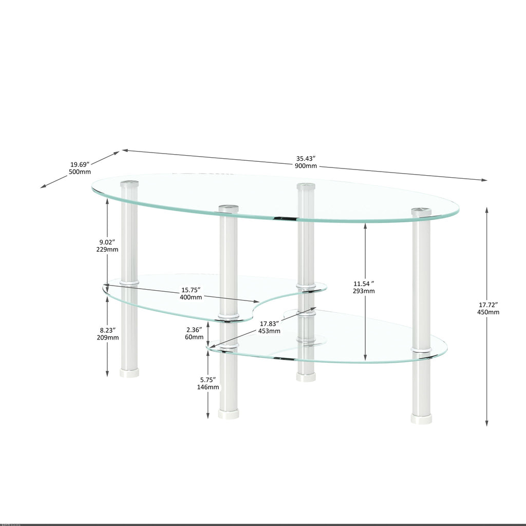 Transparent Oval Glass Coffee Table with 3-Layer Tempered Glass - White or Light Brown