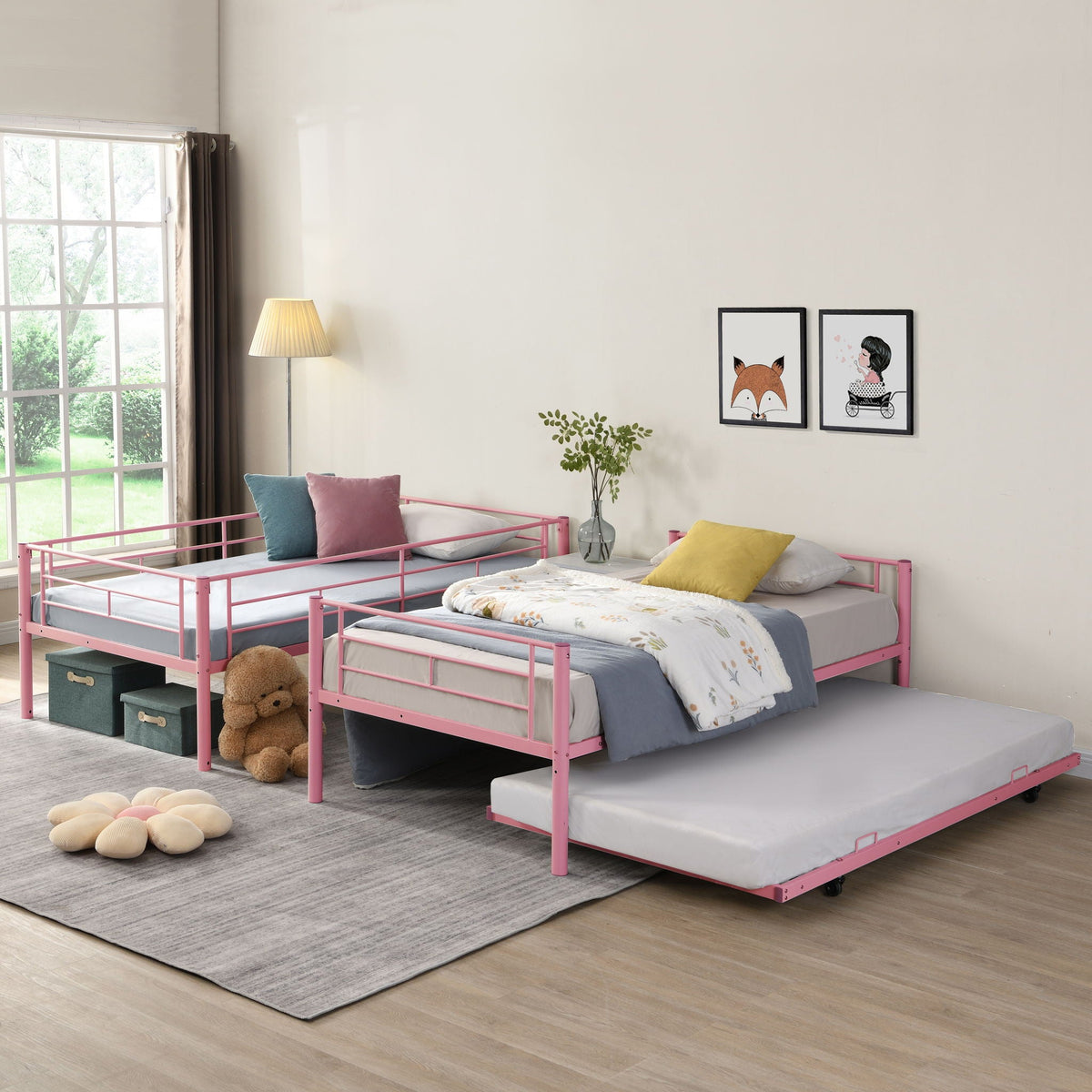 Twin Over Twin Bunk Bed with Trundle - Sturdy Metal Frame - Pearl Silver, White, or Pink