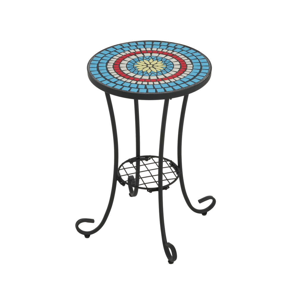 Patio Side Table with Shelf, Ceramic Top - Blue and Black