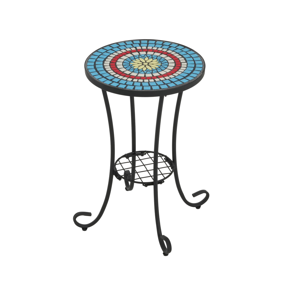 Patio Side Table with Shelf, Ceramic Top - Blue and Black