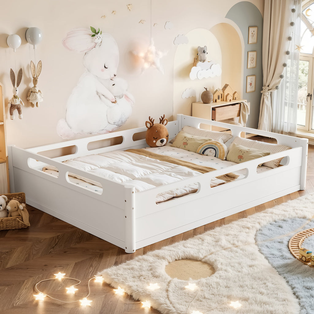 Queen Size Floor Platform Bed with Full-Length Guardrails - White or Natural