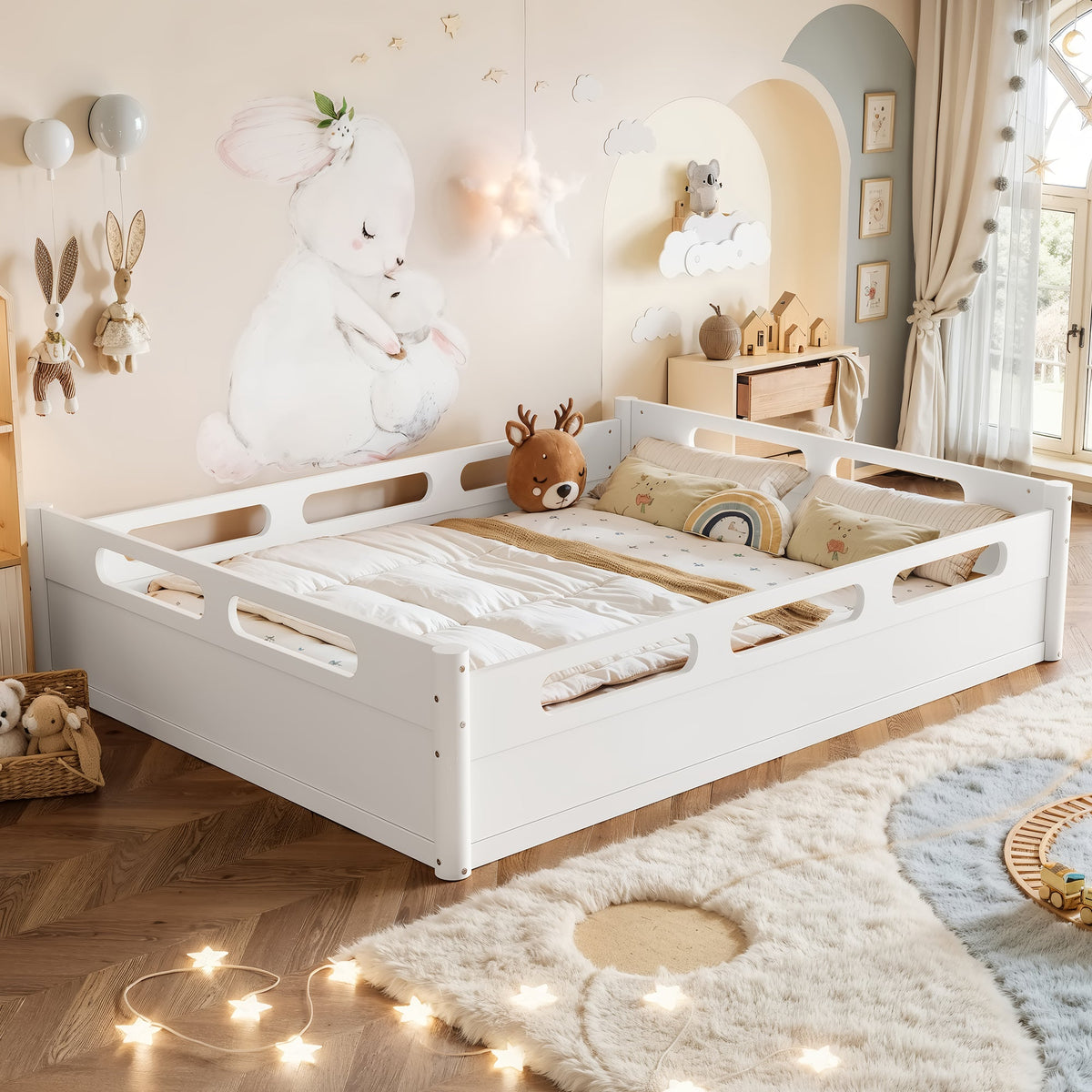 Queen Size Floor Platform Bed with Full-Length Guardrails - White or Natural