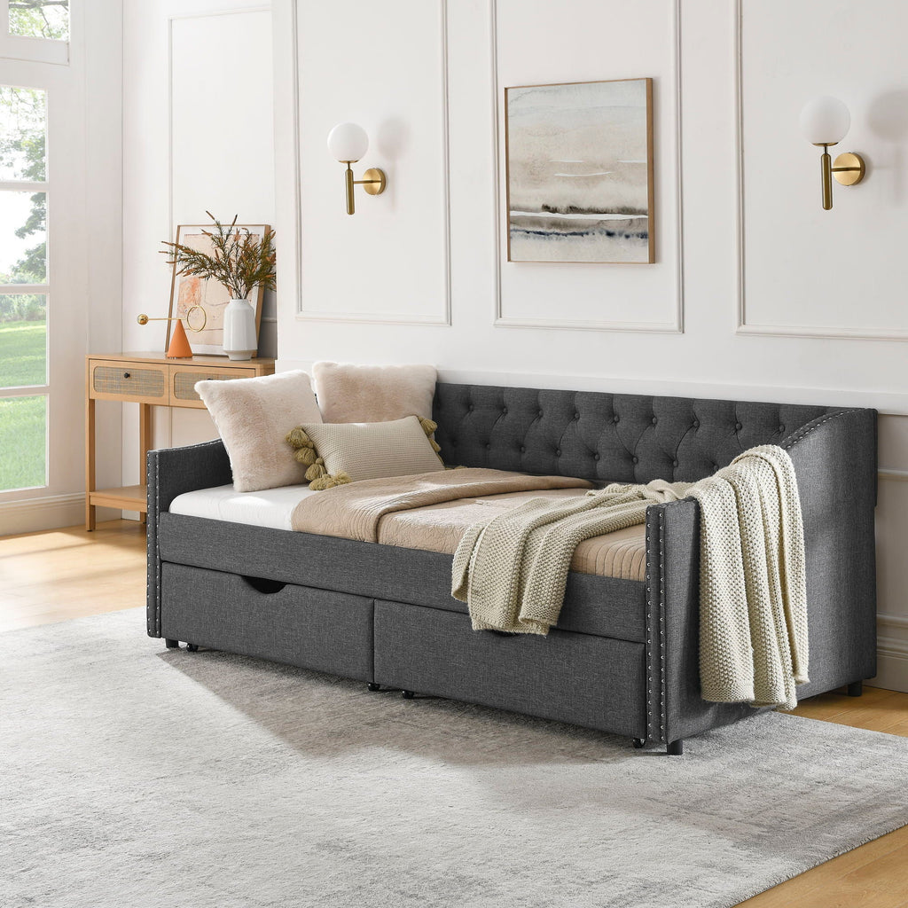 Upholstered Tufted Daybed with 2 Drawers and Waved Arms - Multiple Colors