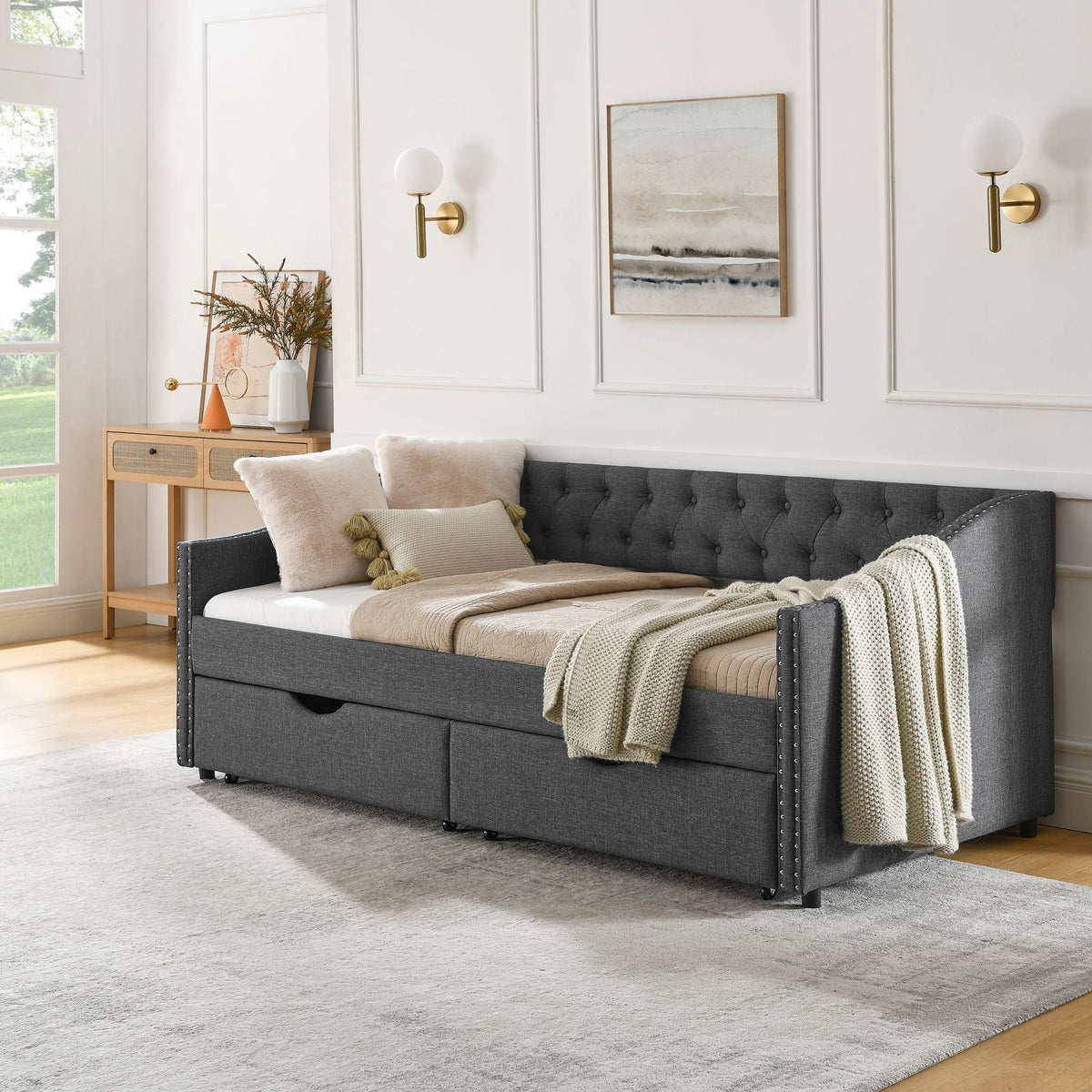 Upholstered Tufted Daybed with 2 Drawers and Waved Arms - Multiple Colors