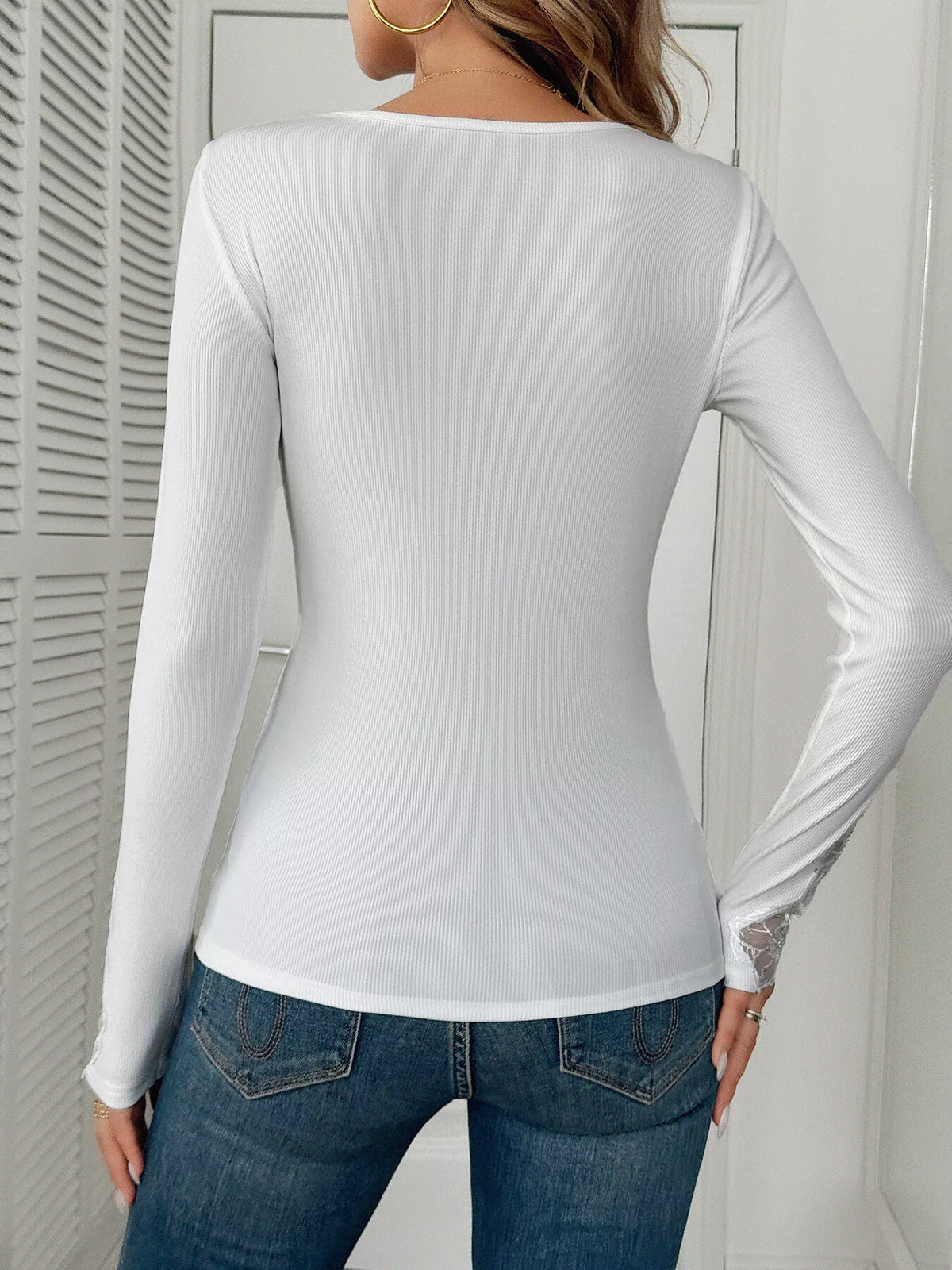 Elegant Lace Trim Long Sleeve Top