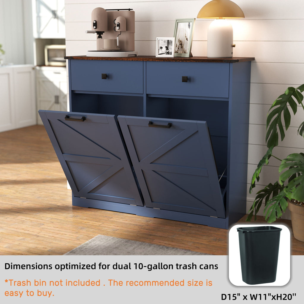 Double Tilt Out Trash Cabinet with Hideaway Drawer - Barn Door Style
