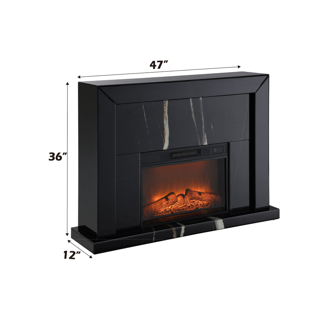 Drisana Mirrored Fireplace with Marble Grain Design - Black