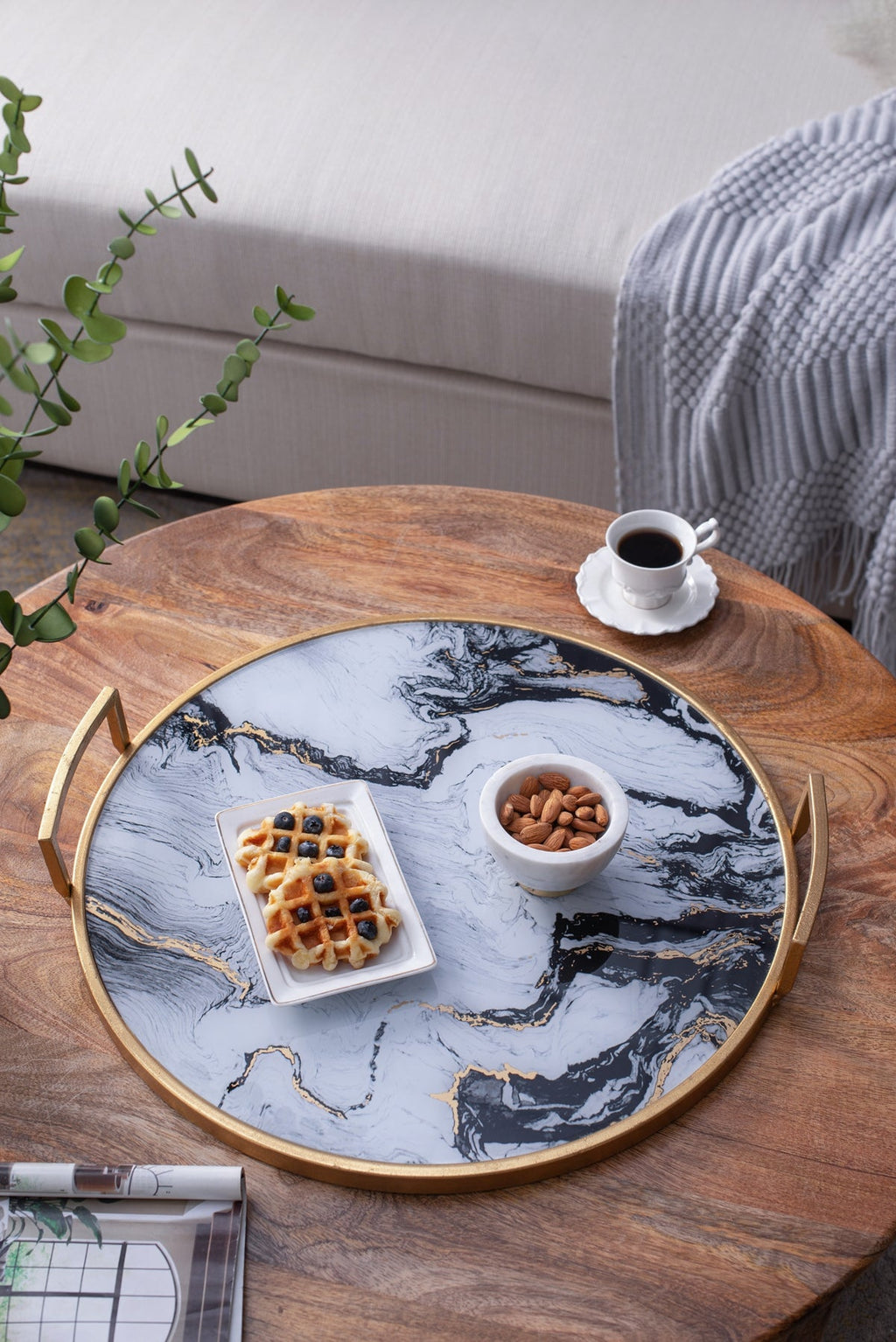 Round Decorative Tray Set with Abstract Marbled Design and Gold Handles - Black & White