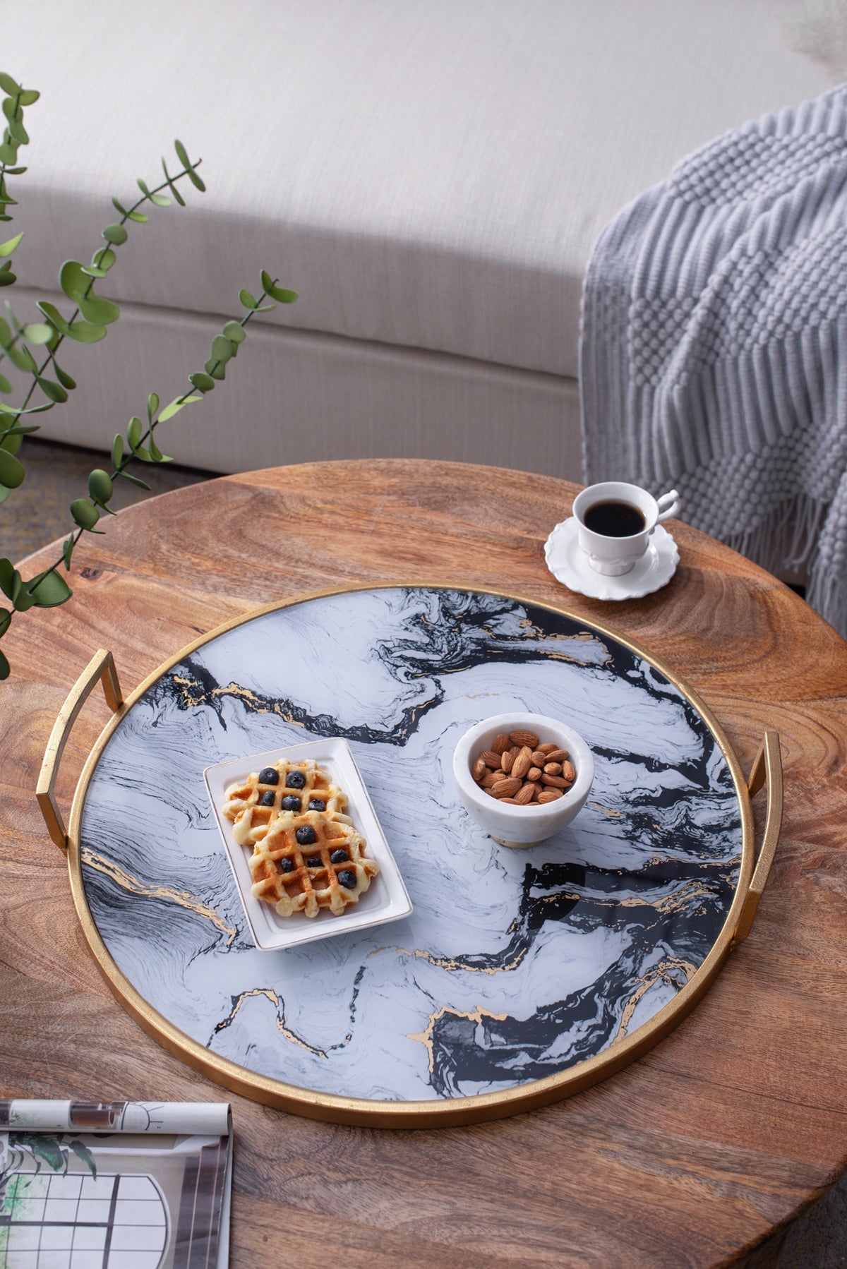 Round Decorative Tray Set with Abstract Marbled Design and Gold Handles - Black & White