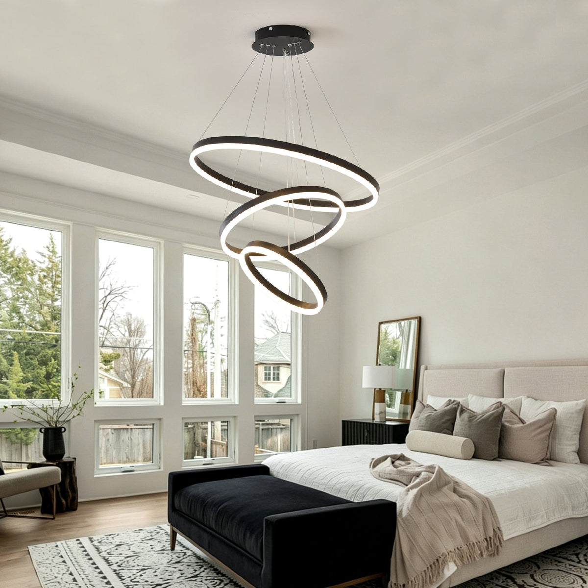 Modern 3 Rings Chandelier with Dimmable LED - Remote Control