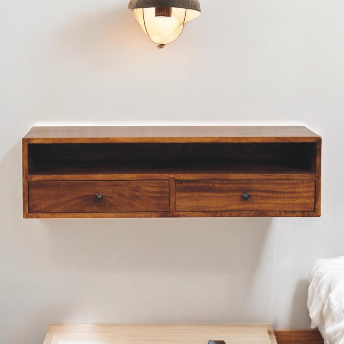 Solid Wood Lunar Wall-Mounted Media Unit with 2 Drawers - Chestnut