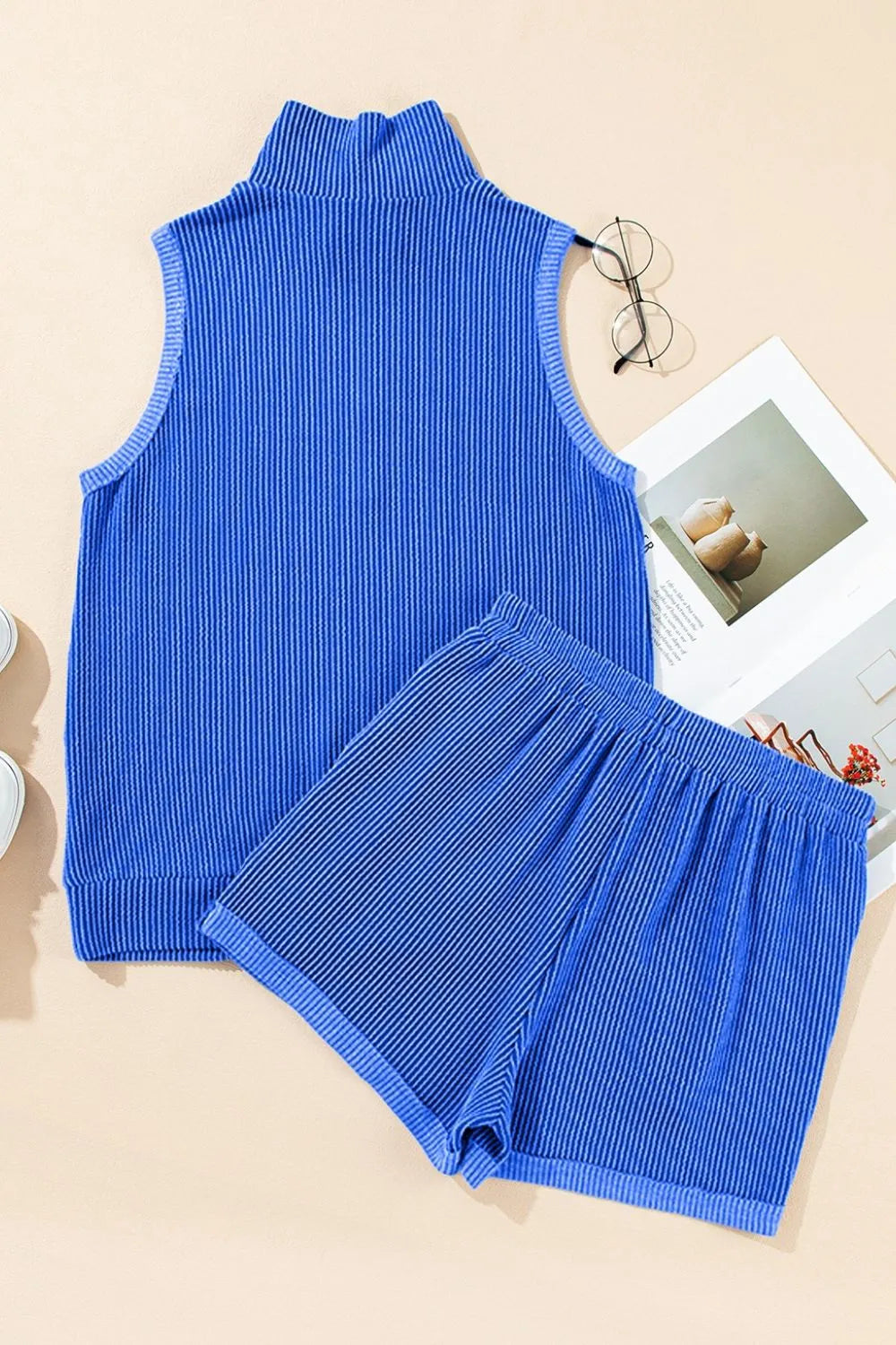 Corded Collared Half Zip Tank and Shorts Set