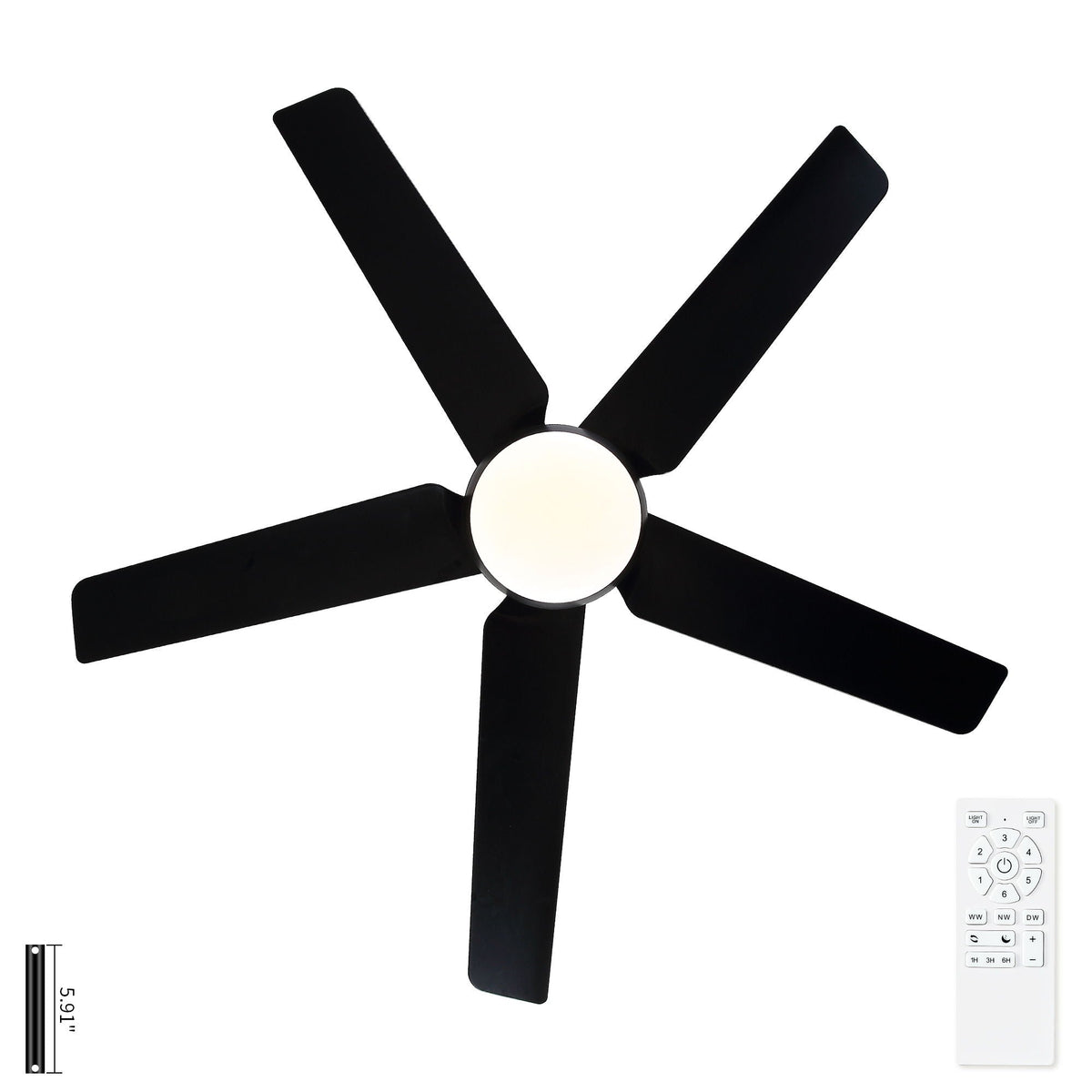 48" Black Ceiling Fan with Dimmable LED Light and Remote Control - Reversible Motor