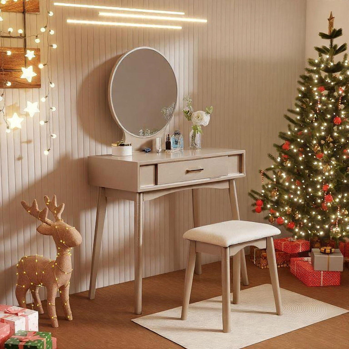 Contemporary Wood Vanity Set with Mirror and Stool - Gold