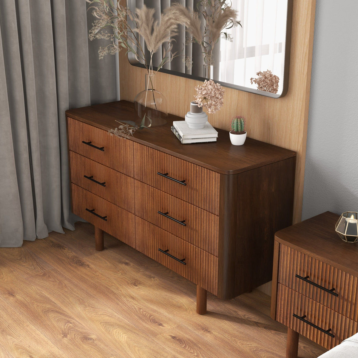 Brown 6-Drawer Dresser with Walnut Finish – Solid Wood
