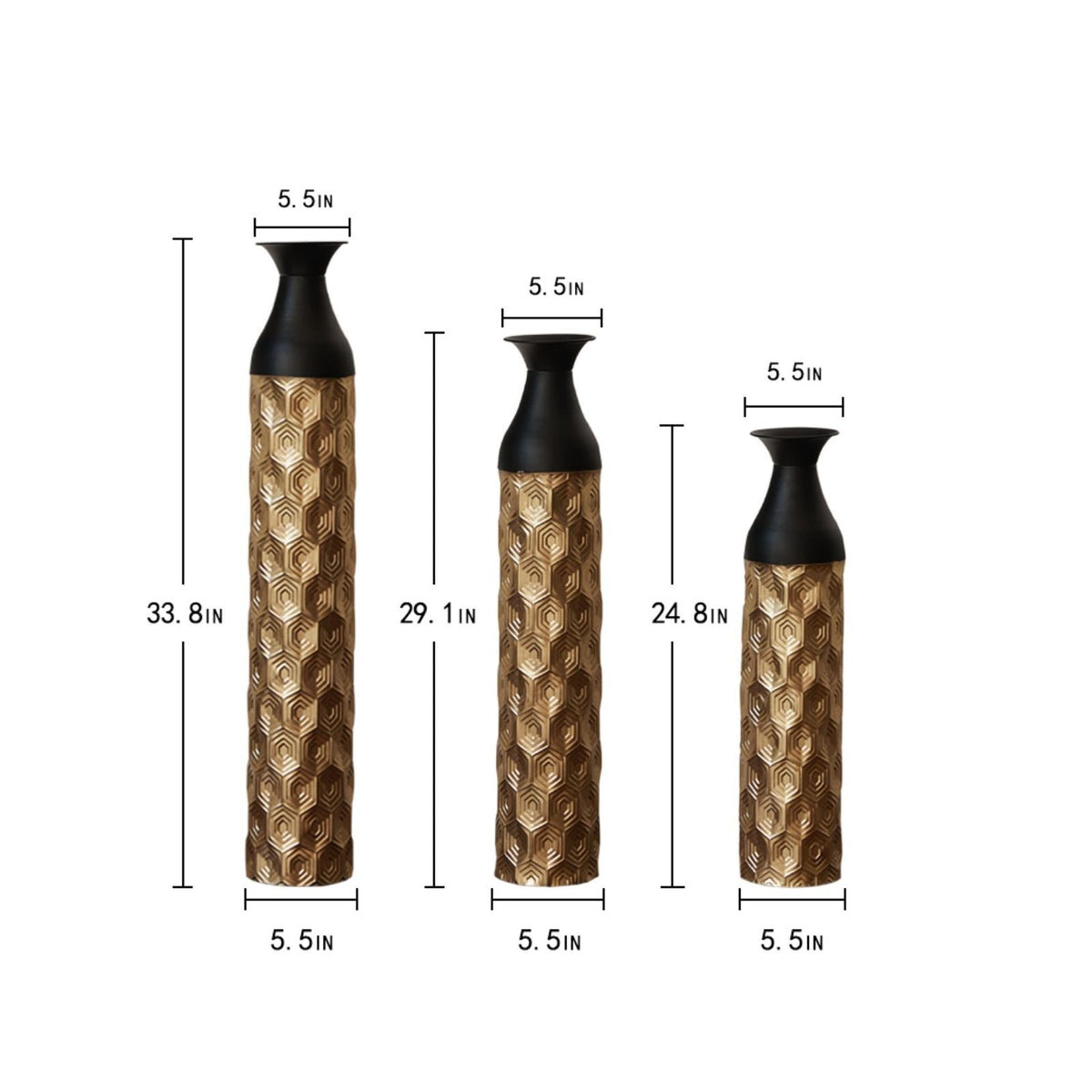 Black & Gold Floor Metal Vases with Durable Metal Construction - Set of 3
