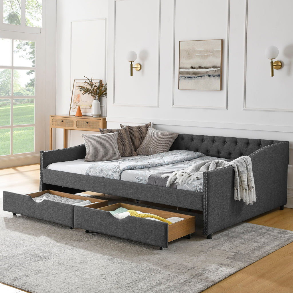 Upholstered Tufted Daybed with 2 Drawers and Waved Arms - Multiple Colors